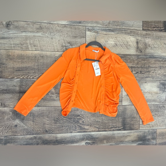 Zara | Tops | Zara Orange Scrunched Button Up Collared Shirt Medium ...